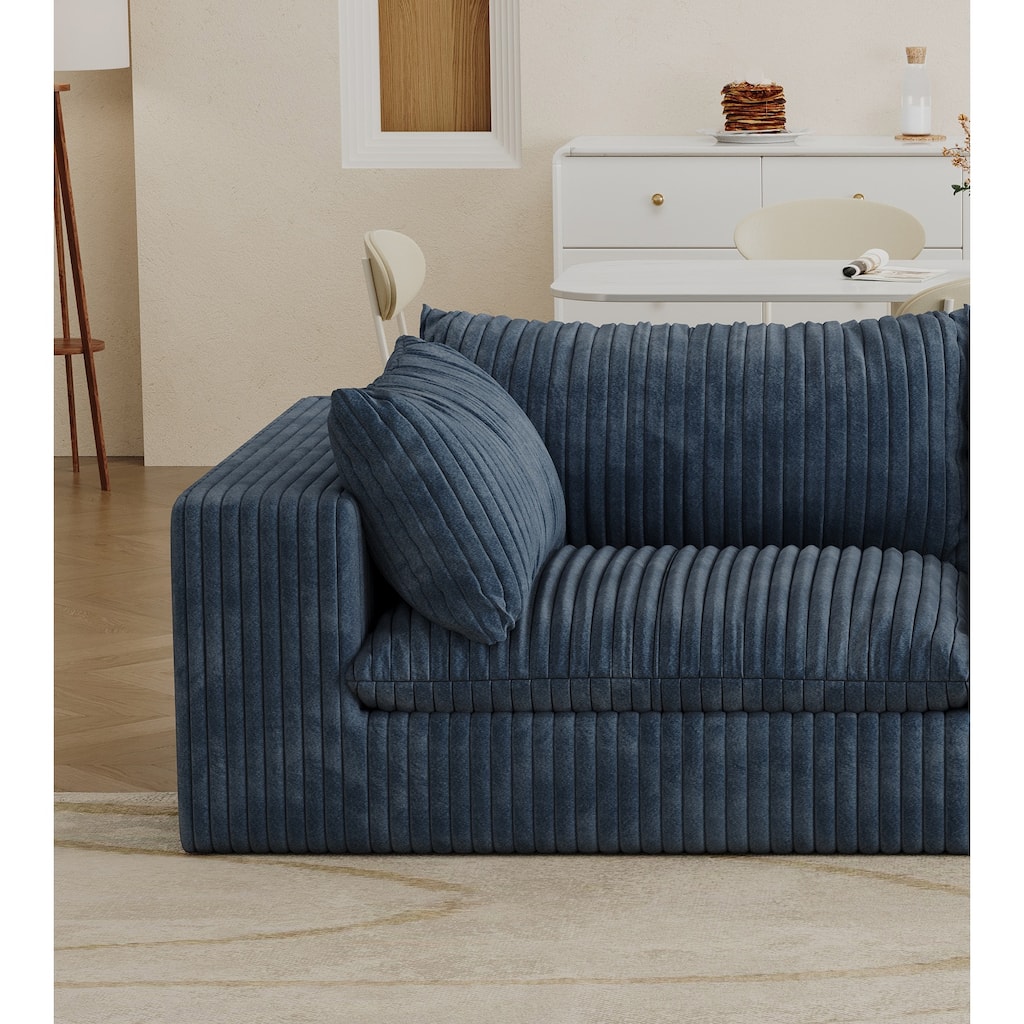 Blue Corduroy Fabric Cloud Sofa with Feather-filled Cushion and Modular Design