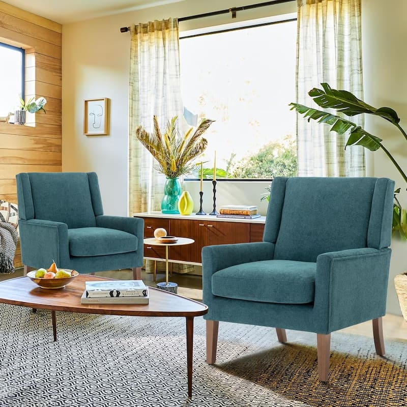 Mid-Century Linen Wing Chair - Tailored Channel Tufting & Walnut Tapered Legs, Compact Accent for Reading Nooks - 2 - Teal
