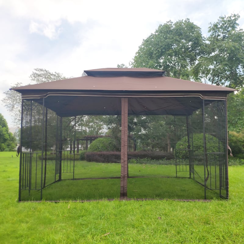 Outdoor Brown Gazebo Canopy Tent with Detachable Mesh Screen