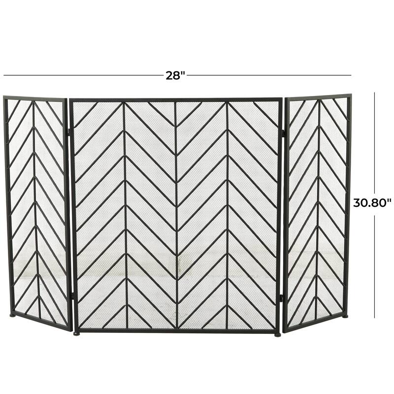 Gold Metal Foldable Mesh Netting 3 Panel Geometric Fireplace Screen with Chevron Pattern