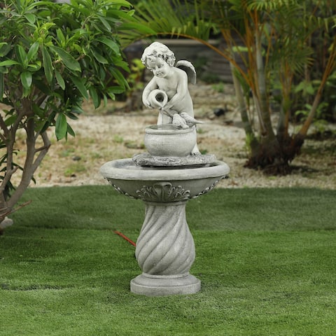 Grey Resin Cherub Birdbath Outdoor Patio Fountain