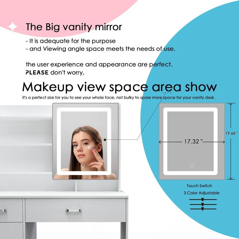 Makeup Vanity Desk with Large Drawers & Three Level Storage Dreeser, Vanitys/Vanities with 3 Lights Brightness Adjustable