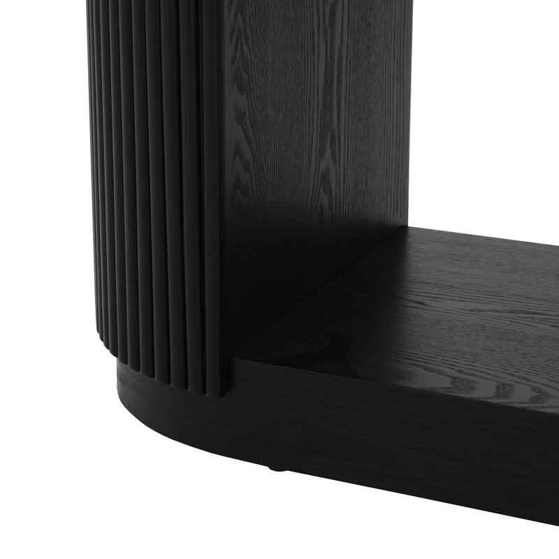 58.9" Wooden Entryway Console Table with Triple Tier Open Storage Shelves, Living Room Vertical Striped Sofa Table with Oval Top