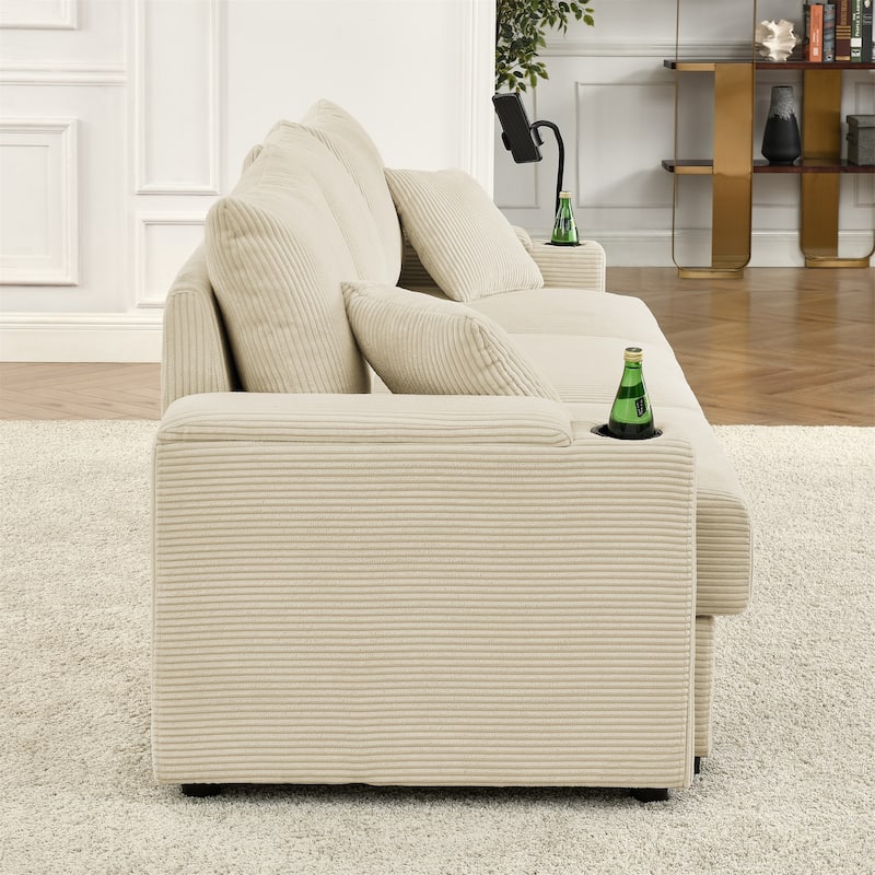 102" Corduroy 3-Seater Sofa with Deep Seat, Cup & Phone Holders