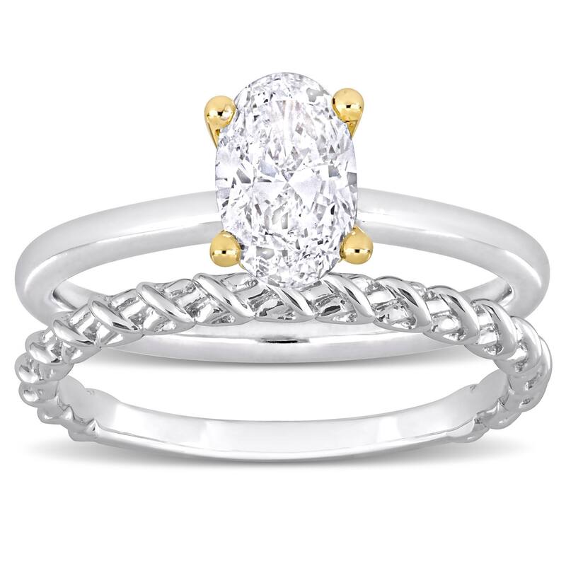 Miadora 1ct TDW Oval Diamond Solitaire Bridal Ring Set with Textured Wedding Band 14k Two-Tone Gold
