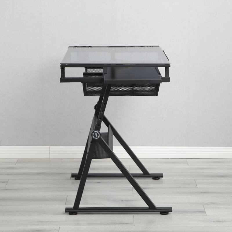Drafting Table, 0-75° Adjustable Glass Top Artist Table, Height Adjustable Drafting Desk with Large Storage for Painting