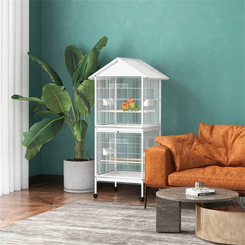 Spacious White Metal Bird Cage with Sliding Feeding Doors Perches and Wheels for Small to Medium Birds - White