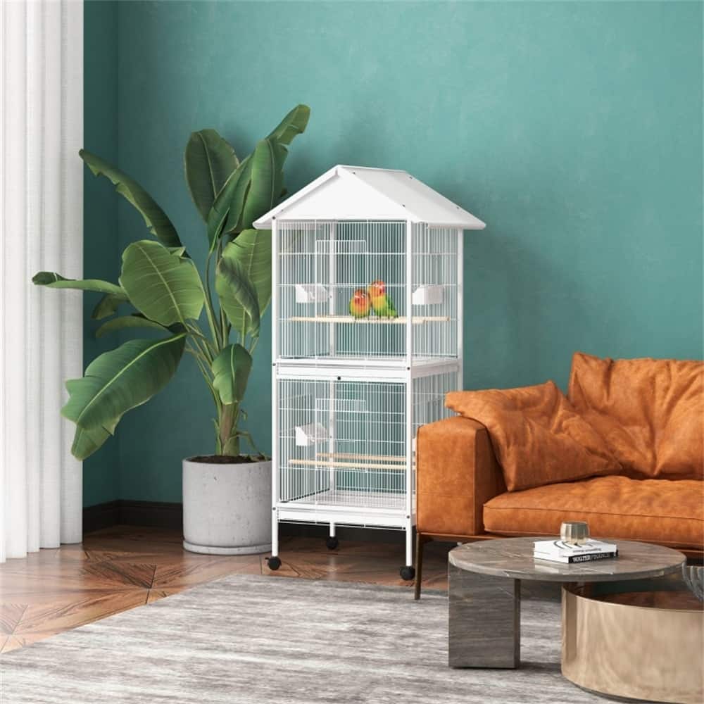 Spacious White Metal Bird Cage with Sliding Feeding Doors Perches and Wheels for Small to Medium Birds