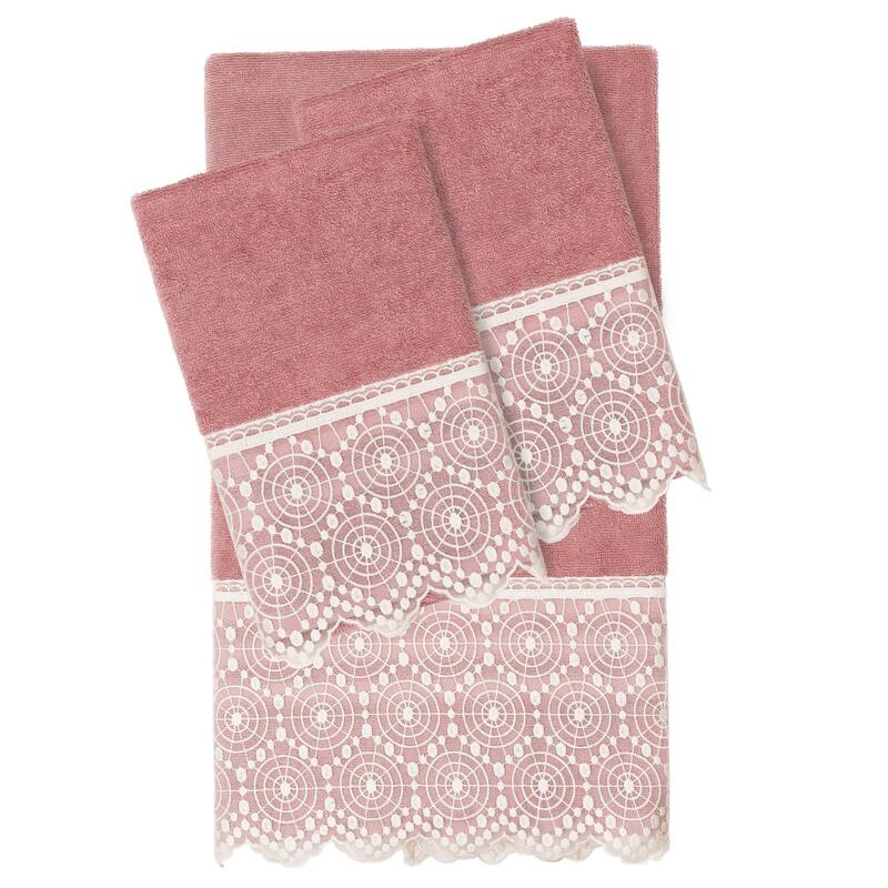 Authentic Hotel and Spa 100% Turkish Cotton Arian 3PC Cream Lace Embellished Towel Set - Tea Rose