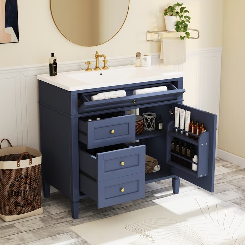 Bathroom Storage Vanity with 2 Drawers and a Tip-out Drawer - Blue - with Sink