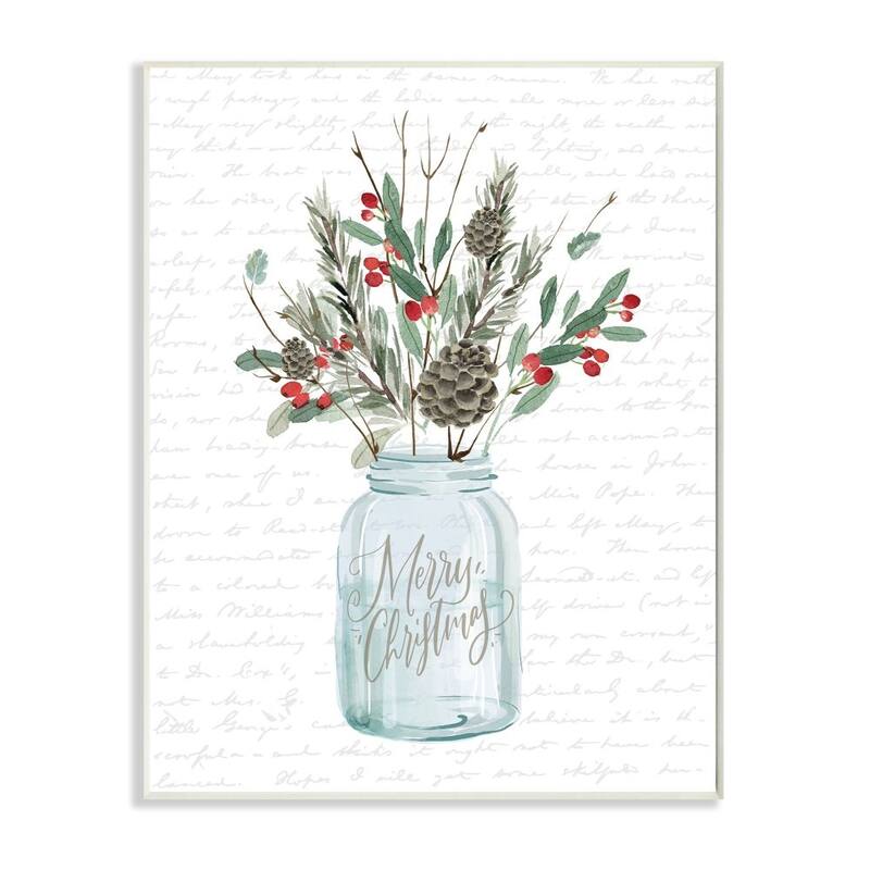 Stupell Merry Christmas Foliage Jar Holiday Word Design Wood Wall Art, Proudly Made in USA