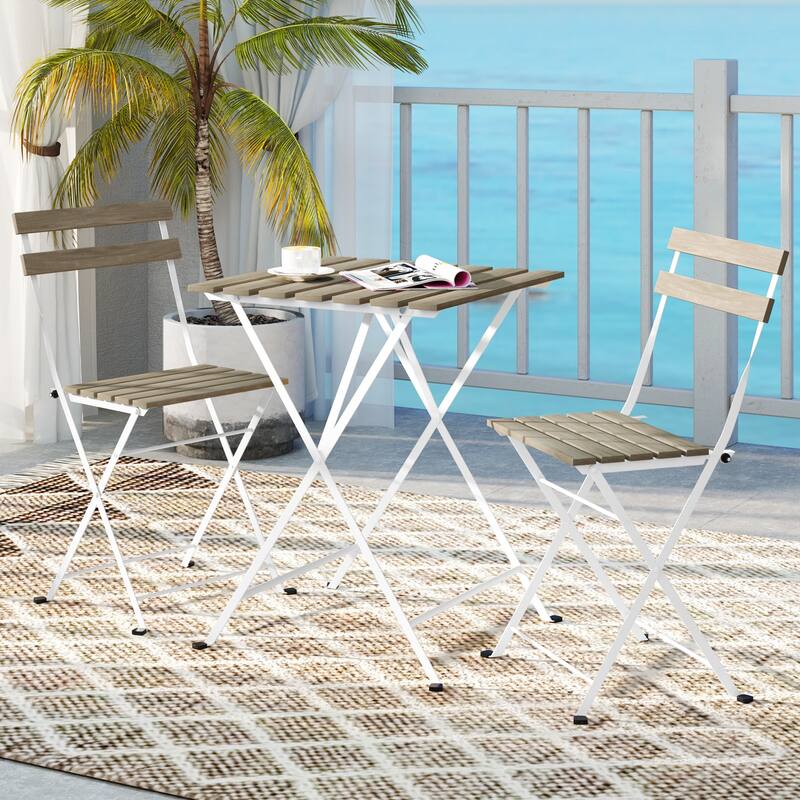 Costway 3 PCS Patio Acacia Wood Bistro Set Bistro Table with 2 Folding - See Details - Grey