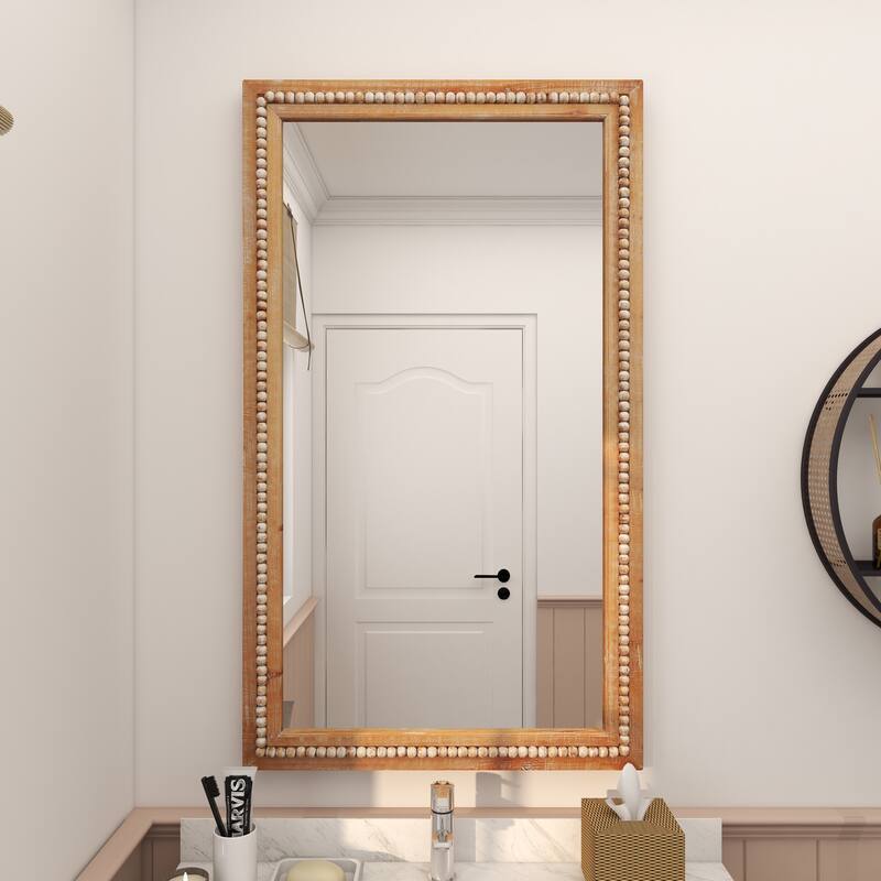 Contemporary Wood Distressed Wall Mirror with Beaded Detailing - Brown or White