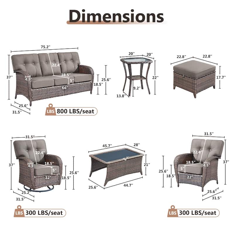 TWrap 9-Piece Patio Brown Wicker Sofa Conversation Set with 5-Inch Thick Cushions