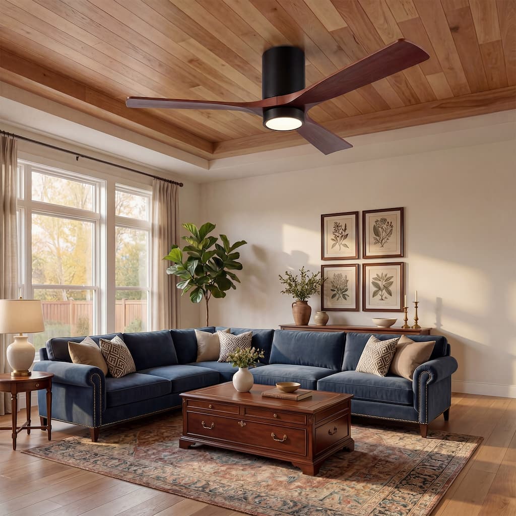 52-Inch Smart Ceiling Fan with LED Light Walnut Solid Wood Blades