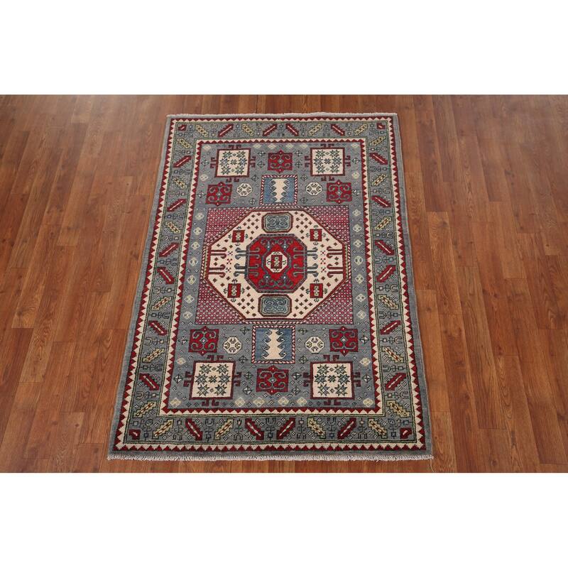 Geometric Kazak Accent Rug Hand-Knotted Wool Carpet - 3'4" x 4'10"
