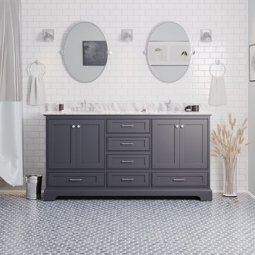 KitchenBathCollection Harper 72" Double Bathroom Vanity with Carrara Marble Top
