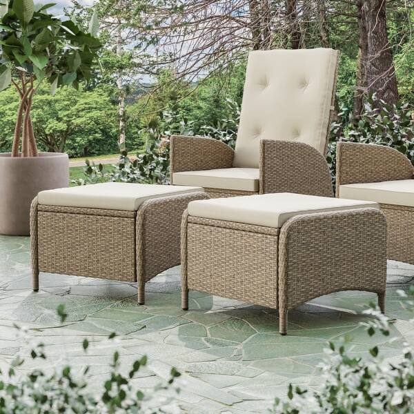 Garda Beige Outdoor Resin Wicker Ottomans with Cushions, Set of 2 On