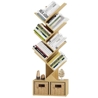 6 Tier Tree Bookshelf - Retro Shelf Floor Standing Bookcase with Baskets, Tall Wood Book Storage Rack for Books/CDs