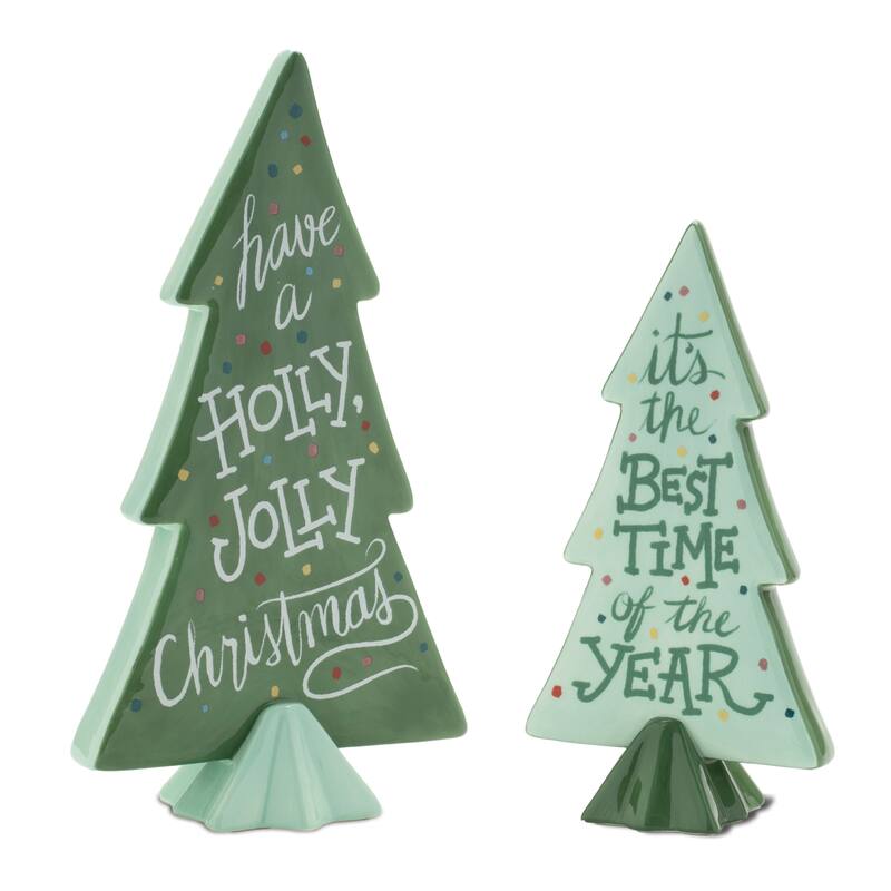 Set of 4 Ceramic Trees with Lights and Holiday Cheerful Messages - 5” x 2.5” x 7” - Green
