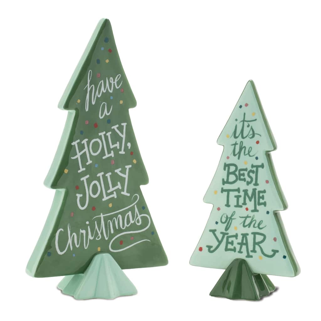 Set of 4 Ceramic Trees with Lights and Holiday Cheerful Messages - 5” x 2.5” x 7”