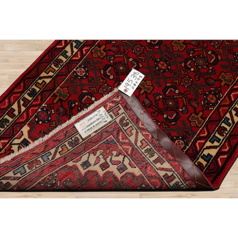 2'8''x9'8'' Runner Hand Knotted Wool Red Hamedan Traditional Rug - 2' 8'' x 9' 8''