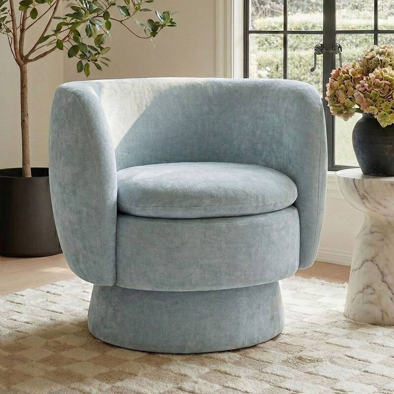Modern Upholstered Swivel Barrel Accent Chair with Curved Back - Light Blue