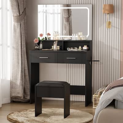 Makeup Vanity Table with LED Mirror, Stool, Power Outlets, 2 Drawers & Storage