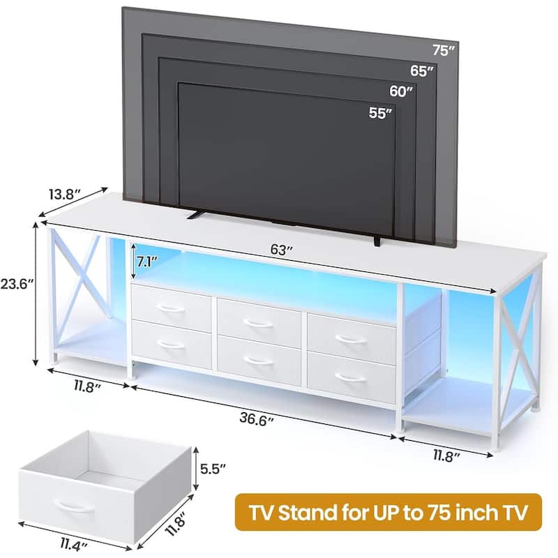 TV Stand with LED Lights Power Outlets Dresser Fabric Drawers Entertainment Center