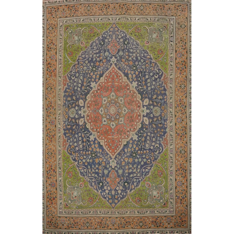 Hand Knotted Oriental 100% Wool Carpet Traditional Floral Navy Blue & Blues Tabriz Area Rug - 10' 9'' X 8' 0''