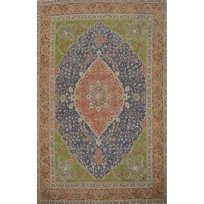 Hand Knotted Oriental 100% Wool Carpet Traditional Floral Navy Blue & Blues Tabriz Area Rug - 10' 9'' X 8' 0''