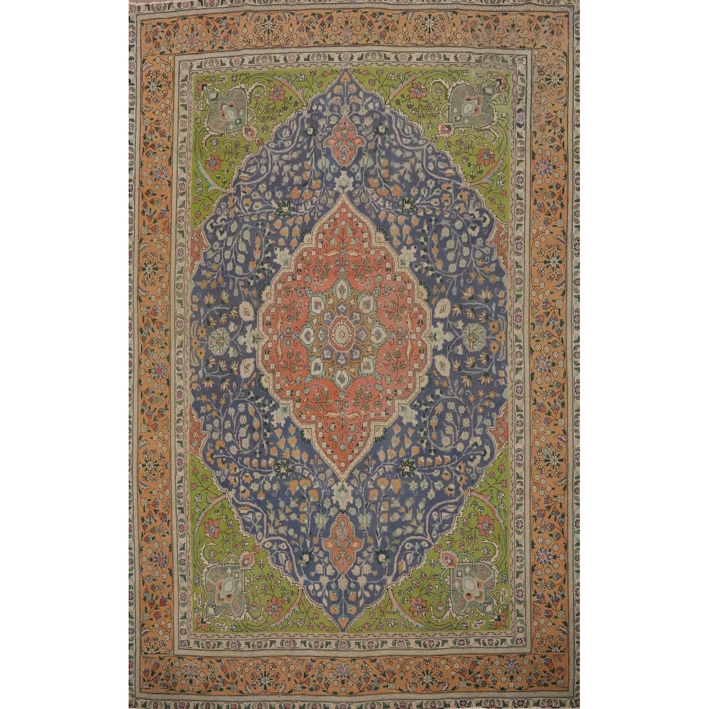 Hand Knotted Oriental 100% Wool Carpet Traditional Floral Navy Blue & Blues Tabriz Area Rug - 10' 9'' X 8' 0''