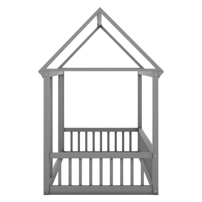 House Floor Bed with House Roof Frame and Safety Guardrails, Twin/Full Size Wooden Floor Montessori Bed House Bed for Kids