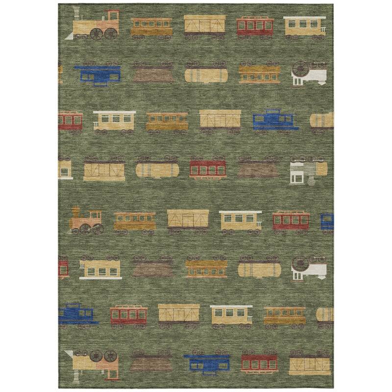 Machine Washable Indoor/ Outdoor Modern Train Chantille Rug