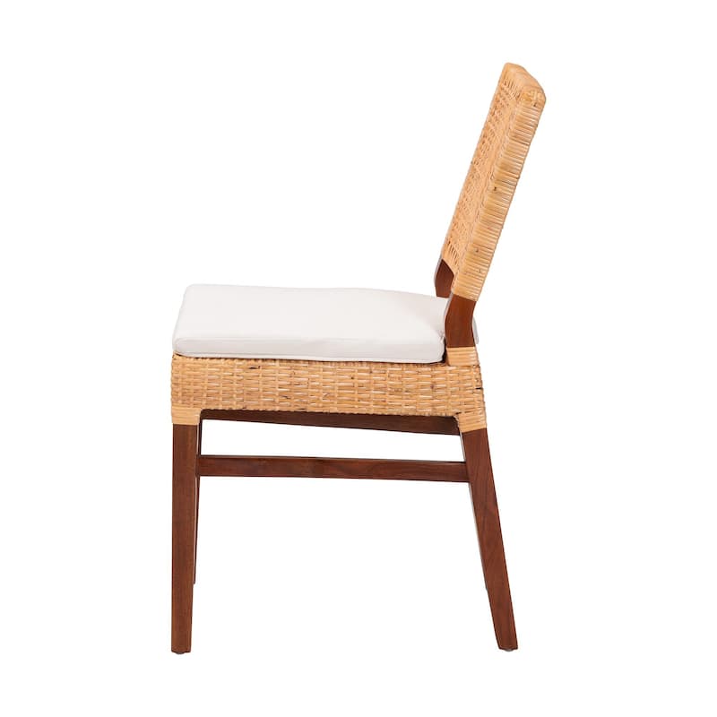Lesia Natural Rattan Dining Chair with Cushion - Handwoven Wicker Side Chair with Mahogany Wood Frame, Coastal Boho Seating