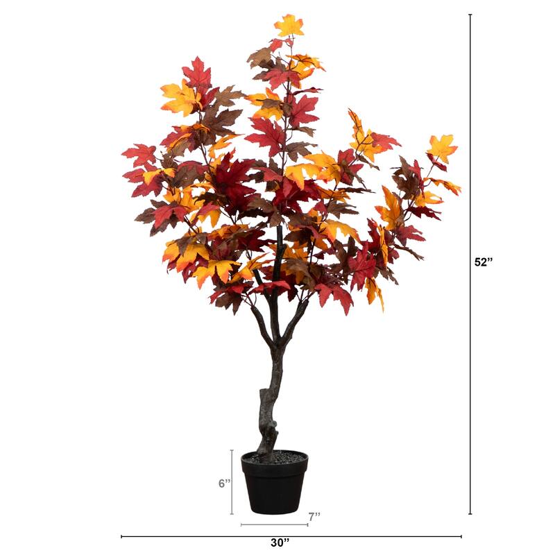 Smoky Maple Artificial Potted Tree - 4.25' - Orange and Red