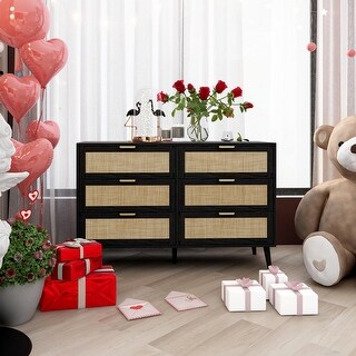Modern 6 Drawer Dresser Wood Natural Rattan Cabinet - Bed Bath & Beyond ...