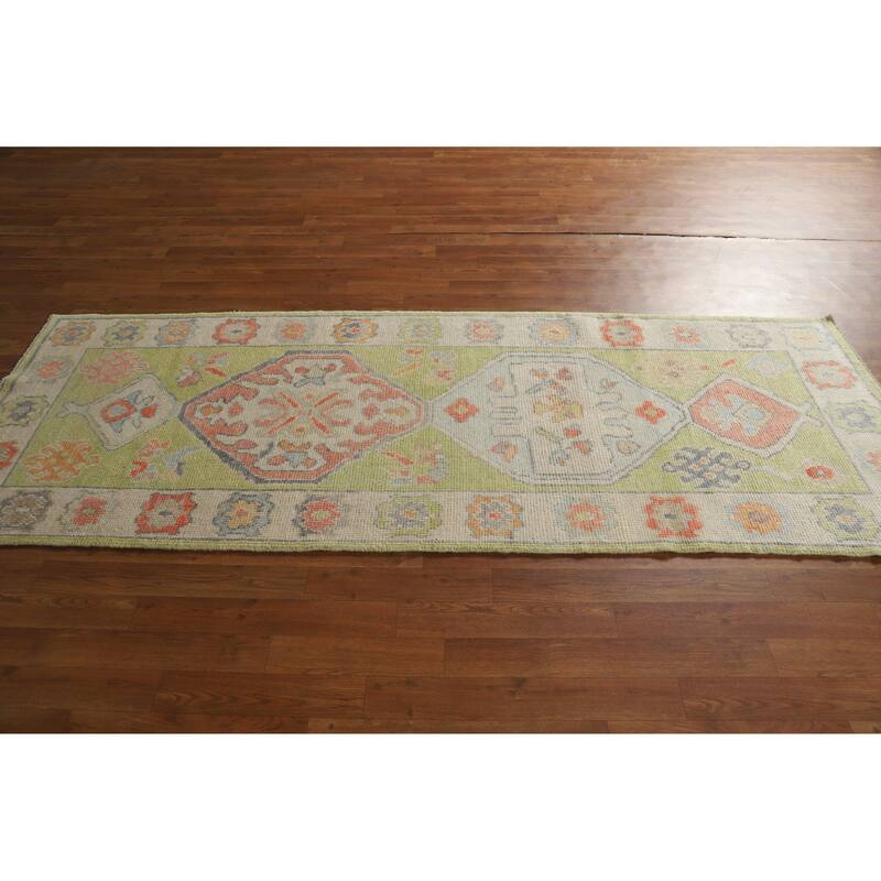 Hand Knotted Oriental 100% Wool Carpet Transitional Geometric Green Oushak Runner Rug - 8' 3'' X 3' 1''