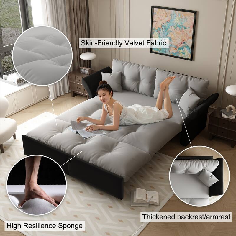 74.8" Queen Pull Out Sofa Bed, 3-in-1 Convertible Sleeper Tufted Sofa with 2 Soft Pillows,Multi-Functional Velvet Loveseat Bed