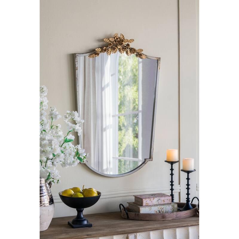 Decorative Arched Wall Mirror - Distressed Ivory Frame, Gold Floral Crown