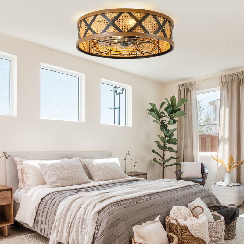Cusp Barn 23" Boho Rattan Flush Mount Low Profile 6 Speeds Reversible Caged Ceiling Fan with Light and Remote for Bedroom