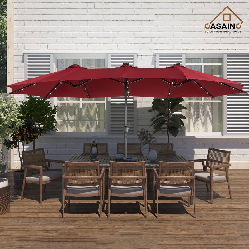 15-ft. Rectangular Crank Double-sided Outdoor Market Umbrella Solar LED Lighted Patio Umbrella with Base Included - Red