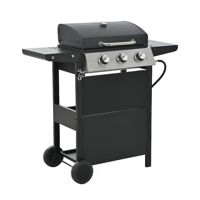 3-Burner Outdoor Portable Propane Gas Grill w/Top Cover Lid & 2-Wheel