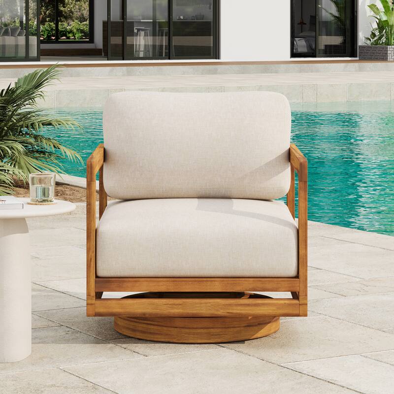 Christopher Knight Home - Outdoor Swivel Solid Acacia Wood Lounge Chair with Beige Cushion