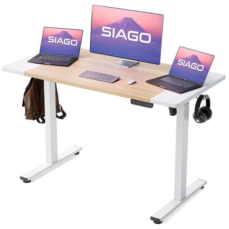 SIAGO Electric Standing Desk Height Adjustable Computer Desk with Cable Management & Spacious Work Surface - 24" x 48" - Wood & White