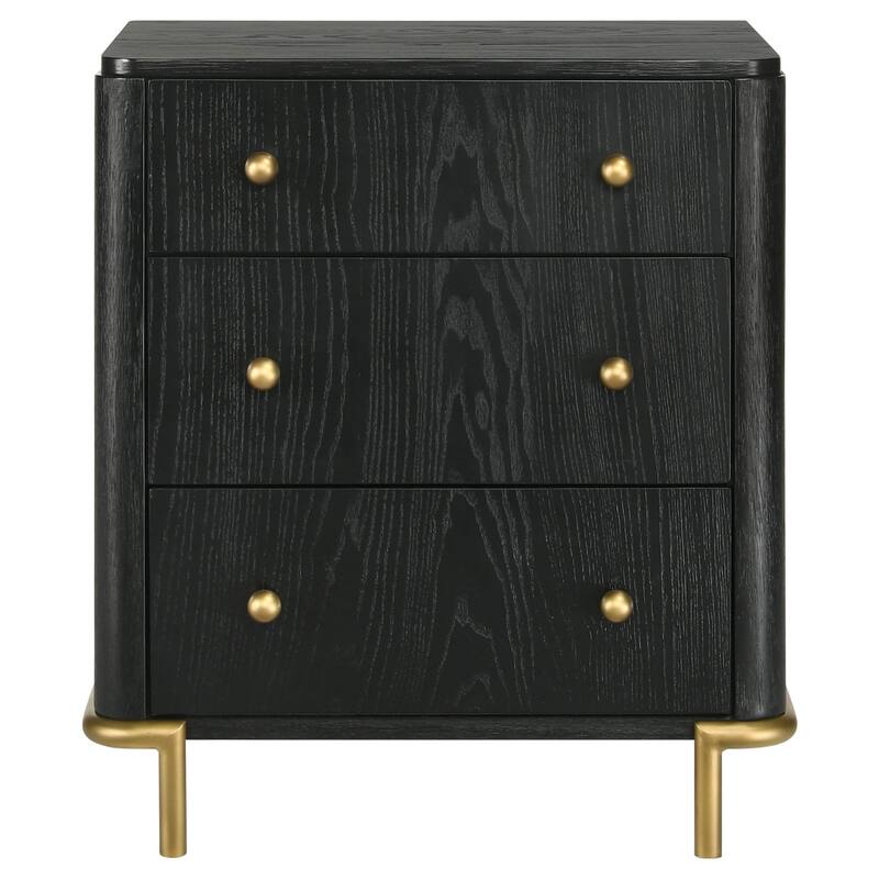 Fij Nightstand, 3 Drawers, USB Port, Golden Metal Legs, Knobs, Black Wood