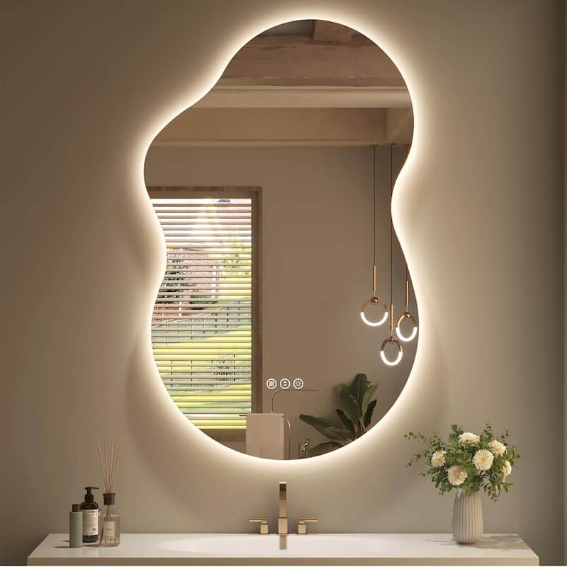 KIOTEE Frameless Irregular LED Anti-Fog Bathroom Vanity Mirror, Asymmetrical Backlit Wall Mirror - 24x36