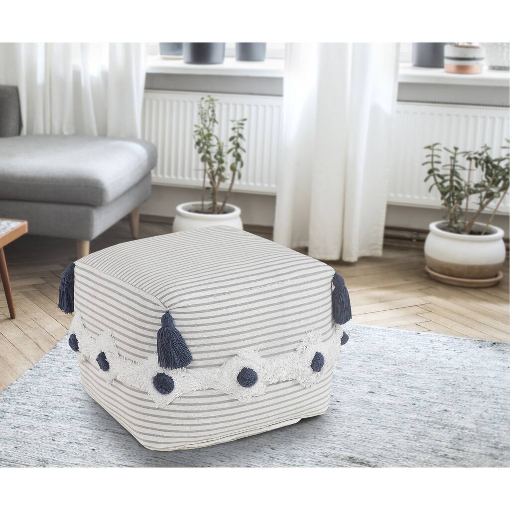 Striped Gray and Ivory Tufted Pouf