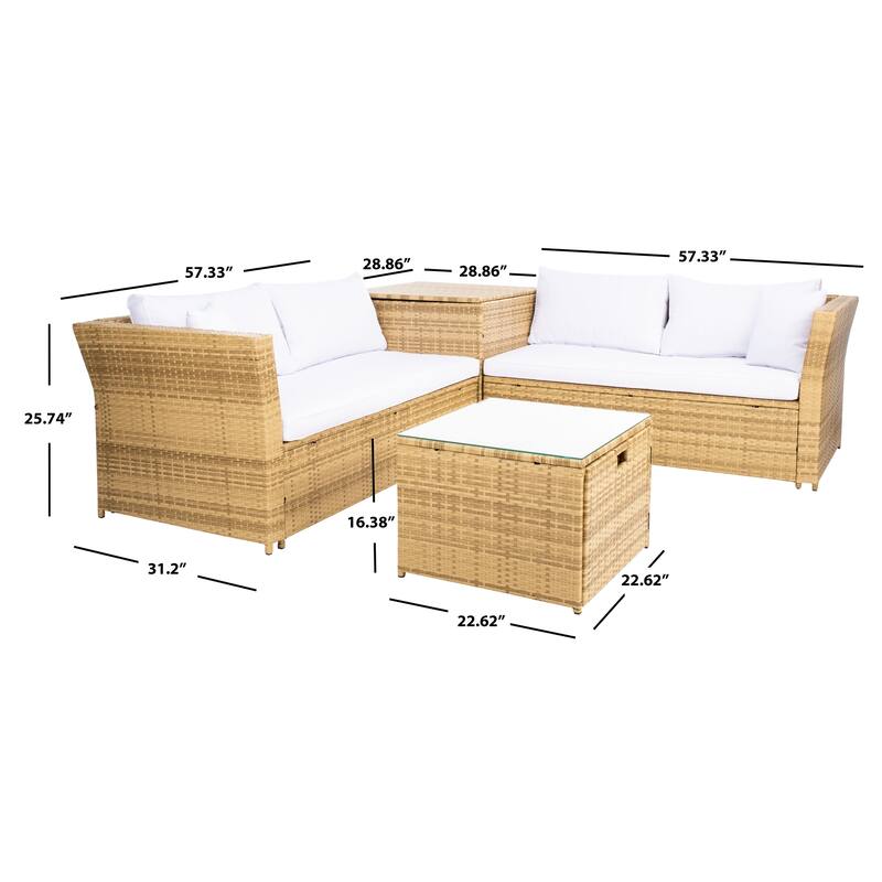 SAFAVIEH Helga Outdoor 4-Piece Conversation Patio Set with Storage - 57"W x 31"D x 26"H