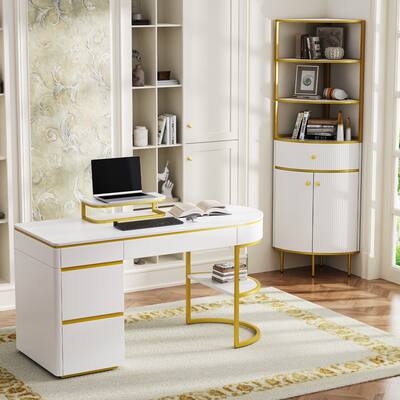 60'' Executive Desk and 74.8"Tall Corner Bookshelf Suite with Drawer